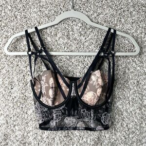 Victoria's Secret Black and Taupe Floral Strappy Longline Bra